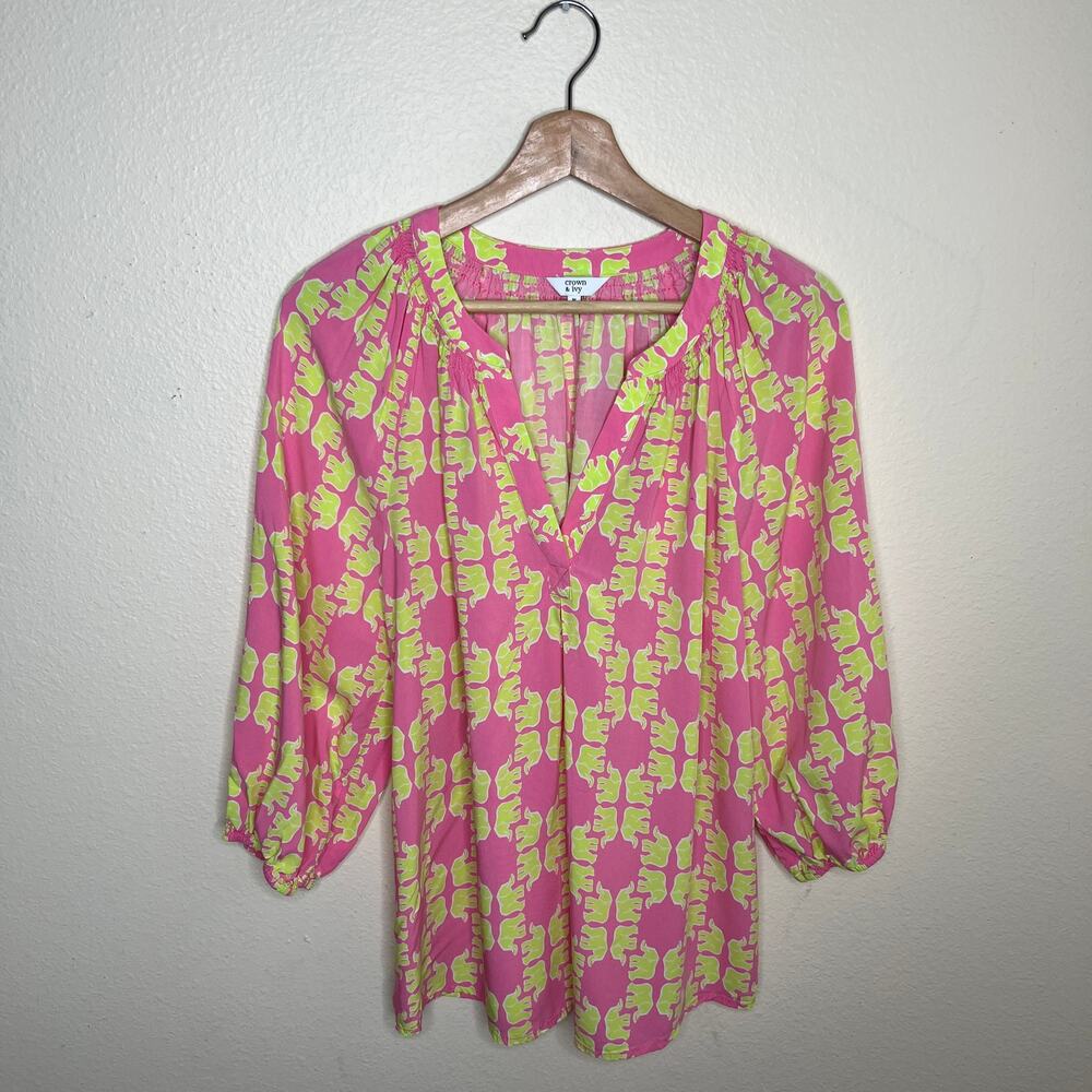 Crown & Ivy Pink and Yellow Pattern Peasant Top Medium